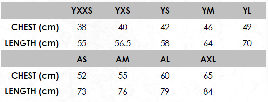 Chart of basketball jersey sizes ranging from YXXS to AXL.