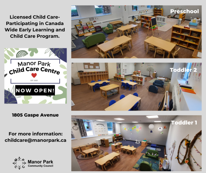 View of 3 rooms for todderls and preschoolers in the Manor Park Child Care Centre. A participant in Canada Wide Early Learning & Child Care (CWELCC) program. 