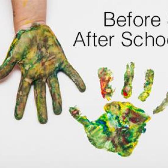 Child's hand covered in green paint and corresponding handprint. Before- and After-School.
