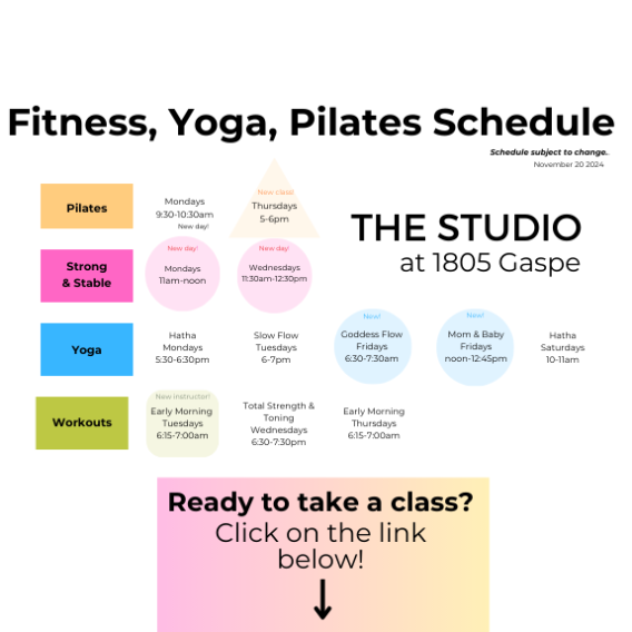 Fitness, yoga and pilates class schedule, effective November 21 2024.