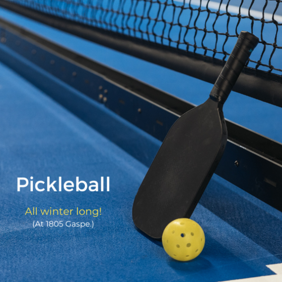 Pickleball racquet and ball next to a net advertising the game at 1805 Gaspe.