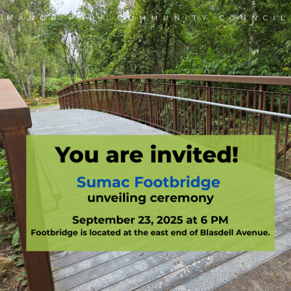 You are invited to the Sumac Footbridge unveiling on September 23 at 6pm. Footbridge located at the east end of Blasdell Ave.
