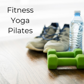 Fitness, yoga, pilates. Running shoes, water bottle and weights.